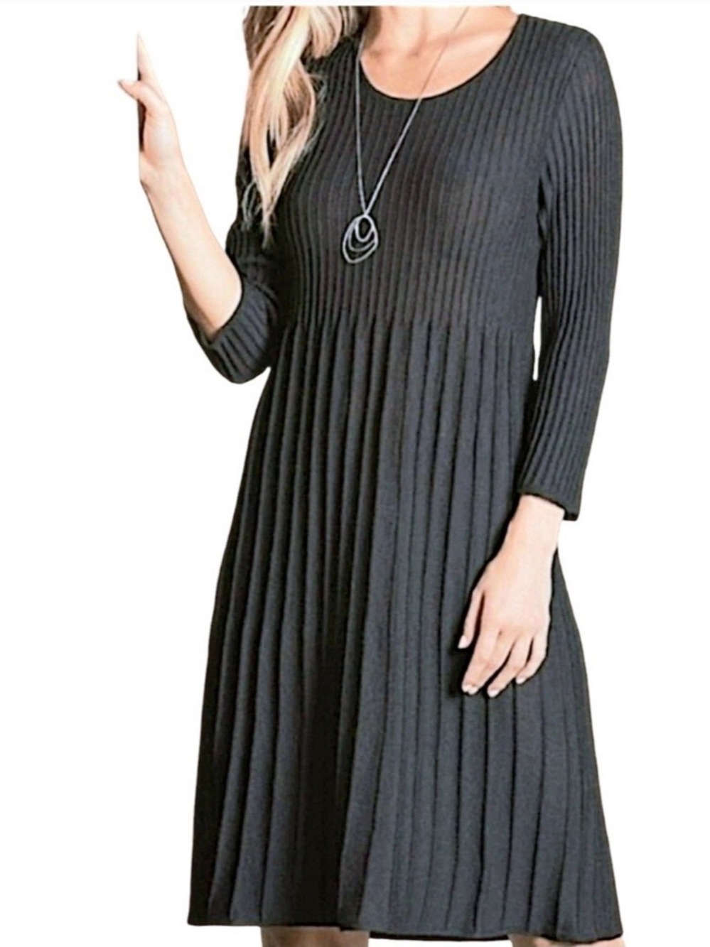 Eileen Fisher Black Ribbed Pleated Midi Dress